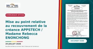 Communiqué officiel de la SRC relatif au recouvrement de la créance APPSTECH/Madame Rebecca ENONCHONG